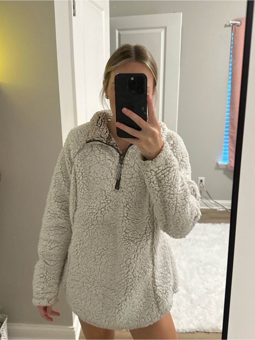 Cozy Women's Grey Sherpa Half-Zip Pullover Jacket